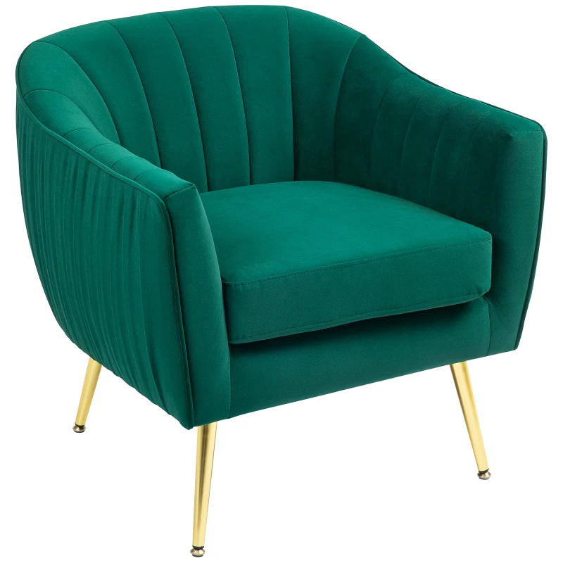 Image of HOMCOM Velvet-Feel Tub Armchair, with Gold Tone Legs - Green
