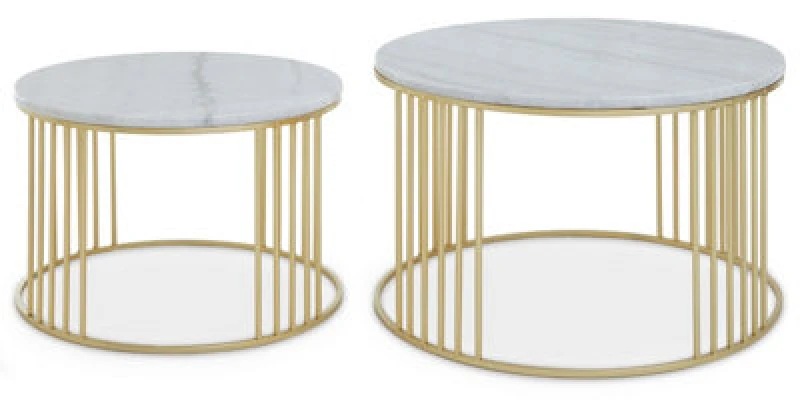 Image of Orsina Set Of 2 White Marble & Gold Frame Side Tables, Round White Marble Tops On Geometric Gold Iron Base