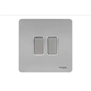 Image of Schneider Electric Ultimate Screwless Flat Plate - Double 2 Way Rocker Light Switch Single Pole, 16AX, GU1422WSS, Stainless Steel with White Insert