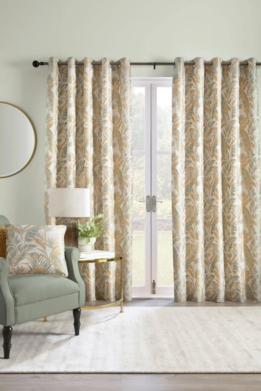 Image of Laurence Llewelyn-Bowen Laurence Llewelyn-Bowen 'Paradise Palm' Jacquard Palm Leaf Pair of Eyelet Curtains in Duck Egg Blue Size: 168cm width x 137c