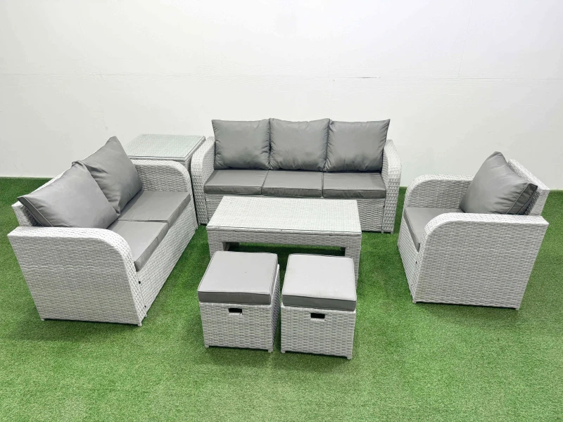 Image of Fimous Patio PE Wicker 8 Seater Outdoor Rattan Furniture Sofa Sets with Oblong Coffee Table Reclining Chair Loveseat Sofa 3 Seater Sofa Stool Side Tab