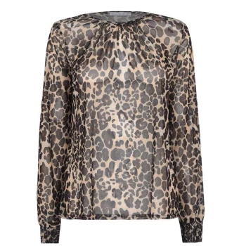 Image of Linea Printed Mesh Top with Shirring Cuff Detail - Animal Print