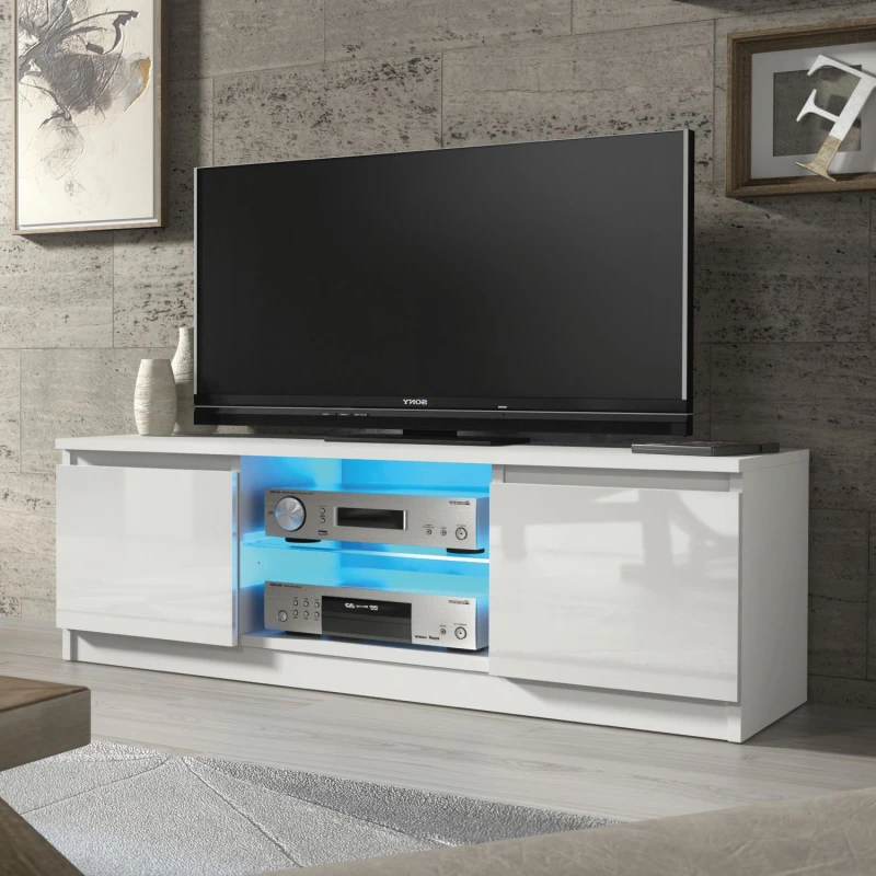 Image of Mex Furniture LTD TV Unit with LED Lighting & Gloss Doors / 120cm in White White Unisex