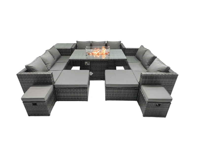 Image of Fimous Rattan Garden Furniture Firepit Dining Set 13 Seater Lounge Sofa Firepit Dining Table Set with 4 Footstools Side Tables Dark Grey