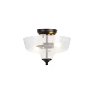 Image of Dresden 2 Light Semi Flush Ceiling Lamp E27 With Flat Round 30cm Glass Shade Matt Black, Clear