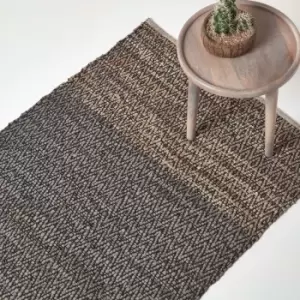 Image of Grey Recycled Leather Handwoven Herringbone Rug, 90 x 150cm - Grey - Homescapes