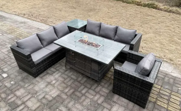 Image of Fimous 7 Seater Outdoor Dark Grey Rattan Lounge Complete Sofa Set with Gas Firepit and High Side Coffee Table
