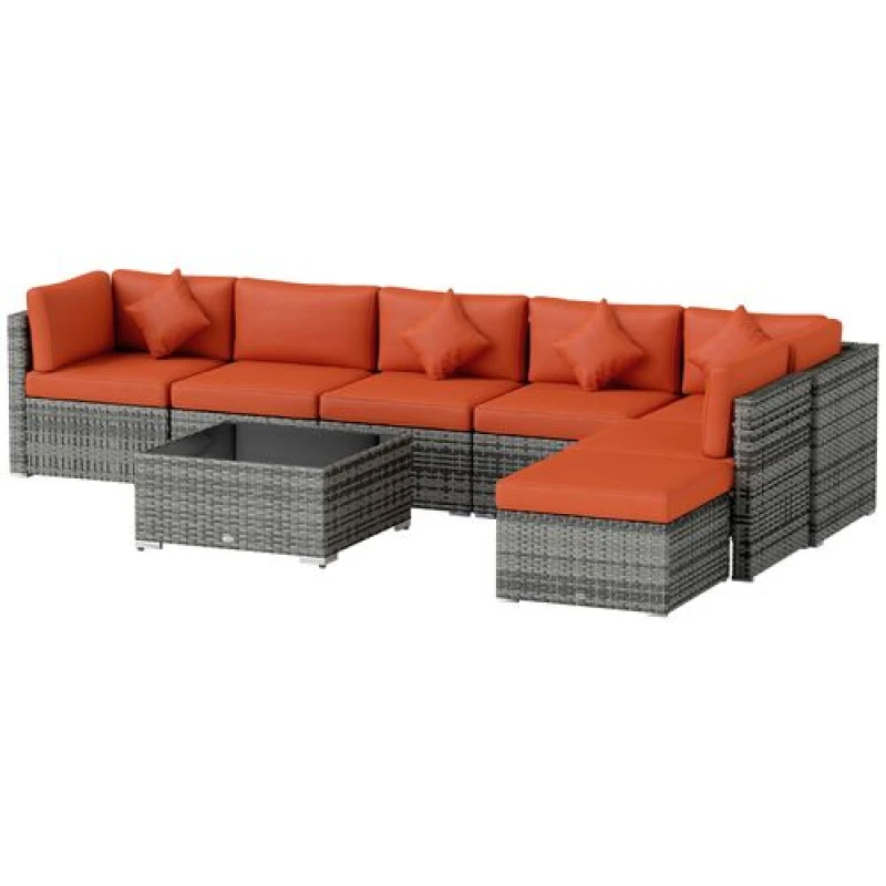 Image of Outsunny Rattan Outdoor Garden Furniture Patio Corner Sofa Set with Cushions Orange