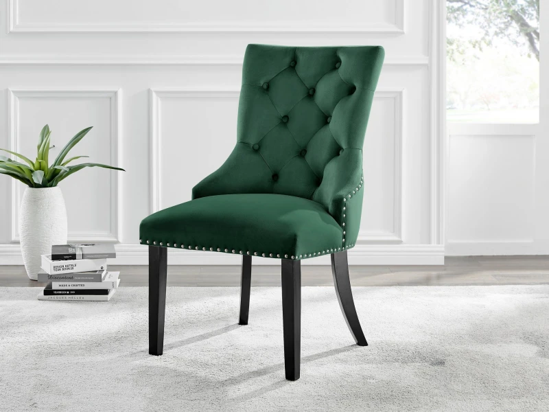 Image of FurnitureboxUK FurnitureboxUK Set of 2 Belgravia Deep Padded Soft Velvet & Chrome Knockerback Dining Chairs With Black Powder Coated Legs in Green Gre