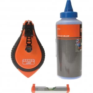 Image of Bahco Blue Chalk Line Reel with Blue Chalk Refill and Line Level 30m / 100ft