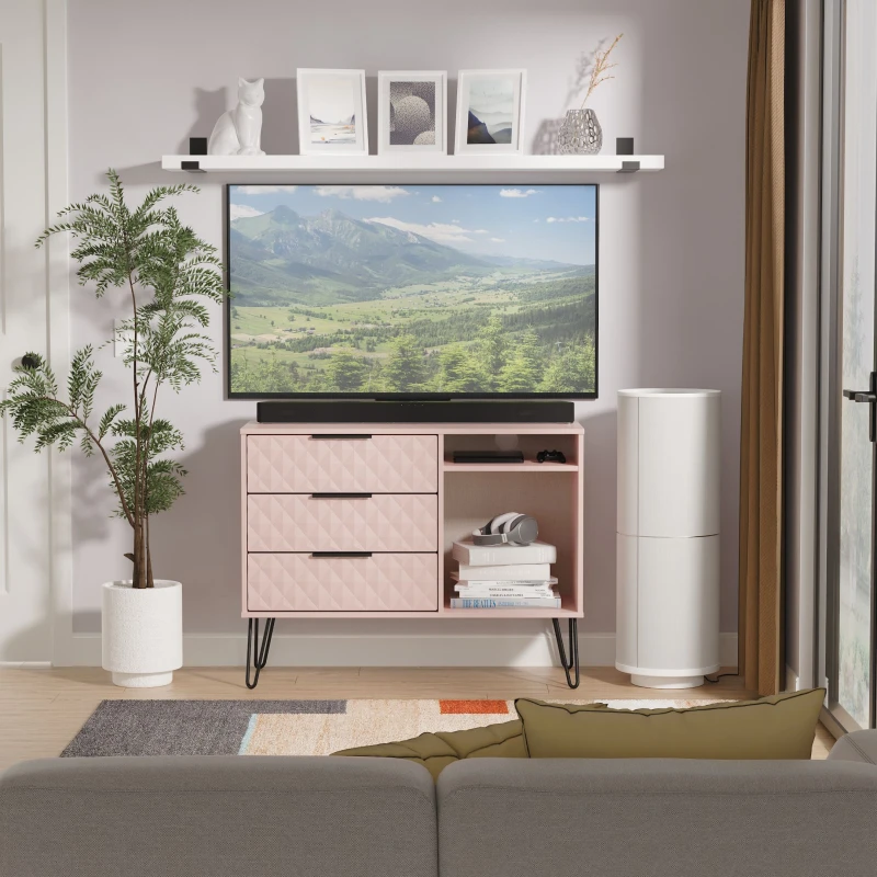 Image of Ready Assembled 2 U Islay 3 Drawer TV Unit (Ready Assembled) in Dusty Pink Dusty Pink Unisex