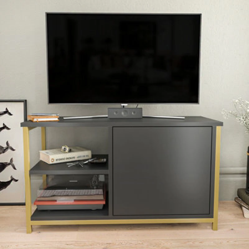 Image of Decorotika Muskegon TV Stand TV Unit For Tv's Up To 63" Gold And Anthracite