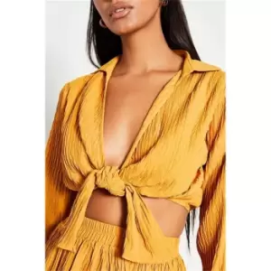 Image of I Saw It First Mustard Long Sleeve Collared Tie Front Plisse Crop Top Co-Ord - Yellow