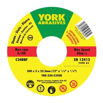 Image of York - 300 X 3X 22MM C24 R-BF Reinforced Silicon Carbide Stone Cutting Disc, Flat