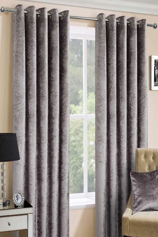 Image of Homescapes Luxury Crushed Velvet Lined Eyelet Curtain Pair Silver