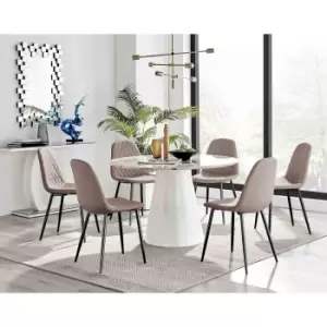 Image of Furniture Box Palma White Marble Effect Round Dining Table and 6 Cappuccino Corona Black Leg Chairs
