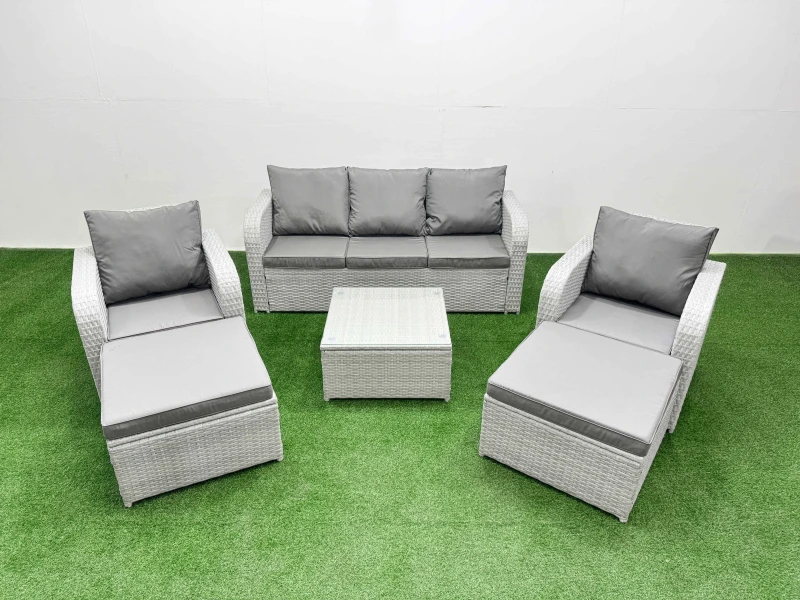 Image of Fimous PE Rattan Garden Furniture Set Reclining Chair Sofa Lounge Sofa Set Square Coffee Table 2 Big Footstool Light Grey Light Grey