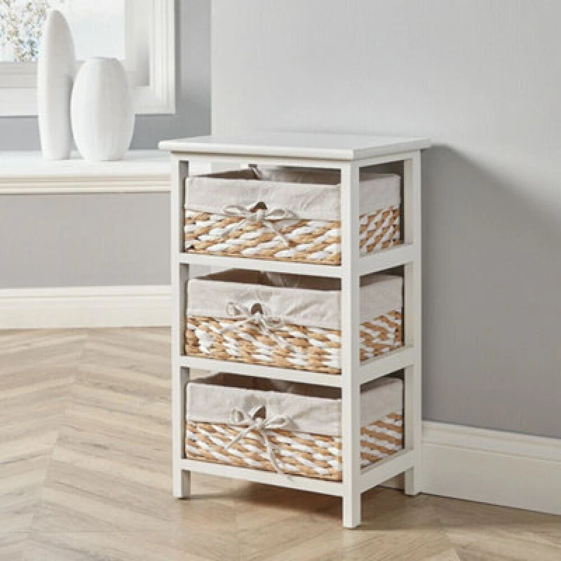 Image of Home Source Norfolk 3 Wicker Basket Drawer Chest Storage Unit White