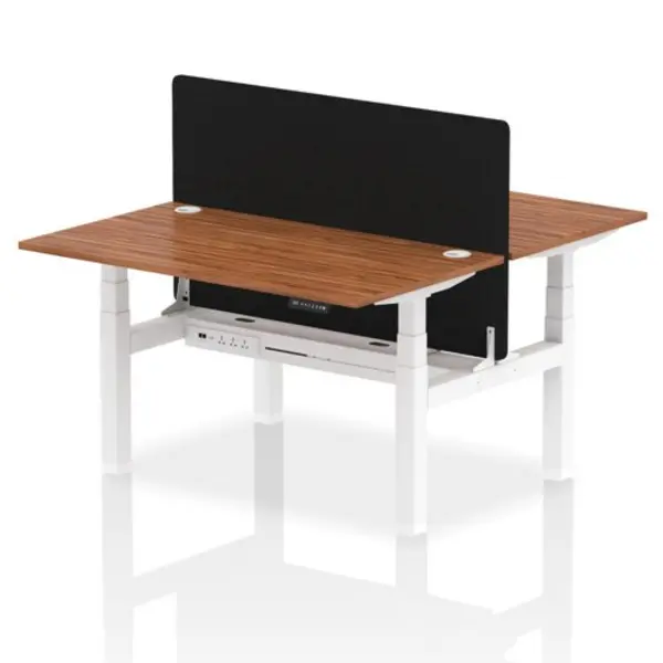 Image of Air Air Back-to-Back 1400 x 800mm Height Adjustable 2 Person Bench Desk Walnut Top with Cable Ports White Frame with Black Straight Screen HASCP2P148