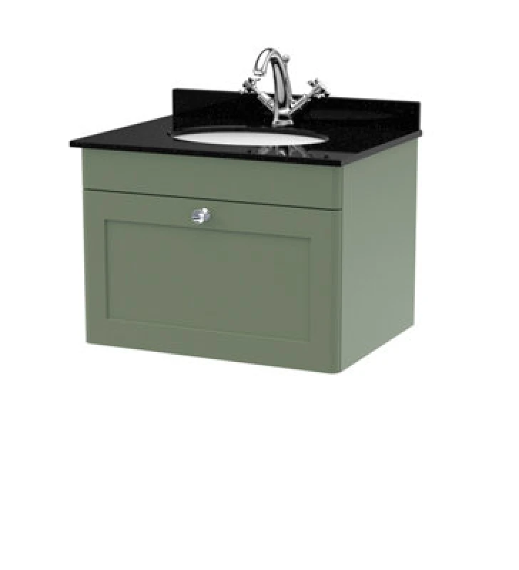 Image of Nuie Classique Wall Hung 1 Drawer Vanity Unit & 1 Tap Hole Black Marble Top With Oval Basin, Stylish Sink Vanity Unit In Satin