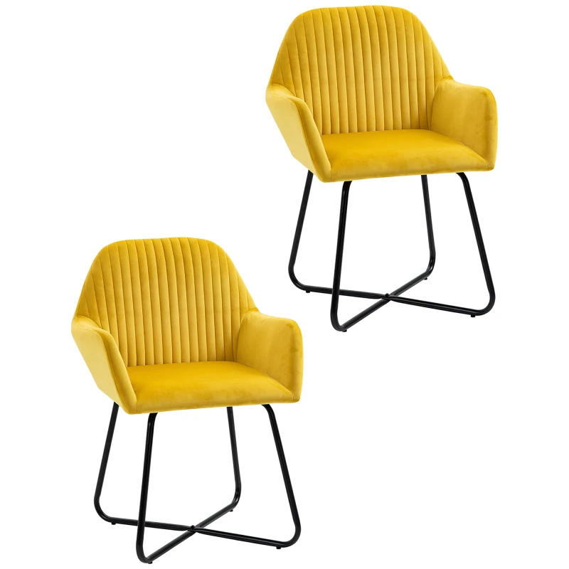 Image of HOMCOM Modern Accent Chair, Velvet-Feel Fabric Upholstered Armchair with Metal Base for Living Room, Set of 2, Yellow