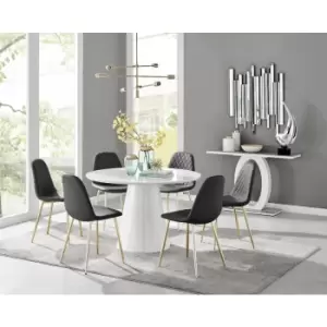 Image of Furniturebox Palma White High Gloss 6 Seat Minimalist Post Modern Round Dining Table & 6 Black Corona Faux Leather Dining Chairs with Gold Legs
