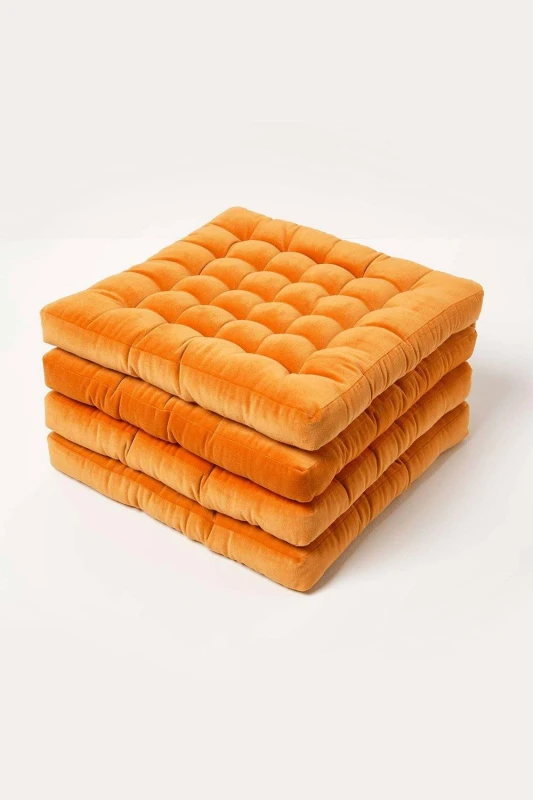 Image of Homescapes 4 Pack Seat Pads Luxury Cotton Velvet Indoor Outdoor Garden Cushion, 40cm in Orange Size: 40cm x 40cm Orange Unisex 40cm x 40 cm