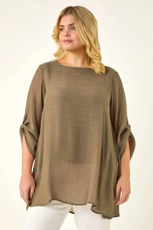 Image of Roman Womens Curve Buttoned Side Asymmetric Top in Khaki Size: 20 Khaki Female 20