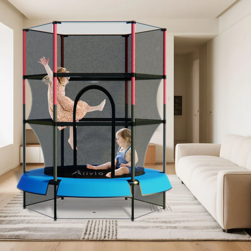 Image of Alivio Kids Trampoline with Safety Enclosure Net - Indoor Outdoor Jumping Fun Hexagonal Design with Padded Poles (Red) in Blue Blue Unisex