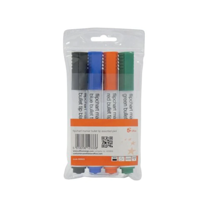 Image of 5 Star Office Flipchart Markers Bullet Tip Water-based Wallet Assorted (4 Pack) 909922