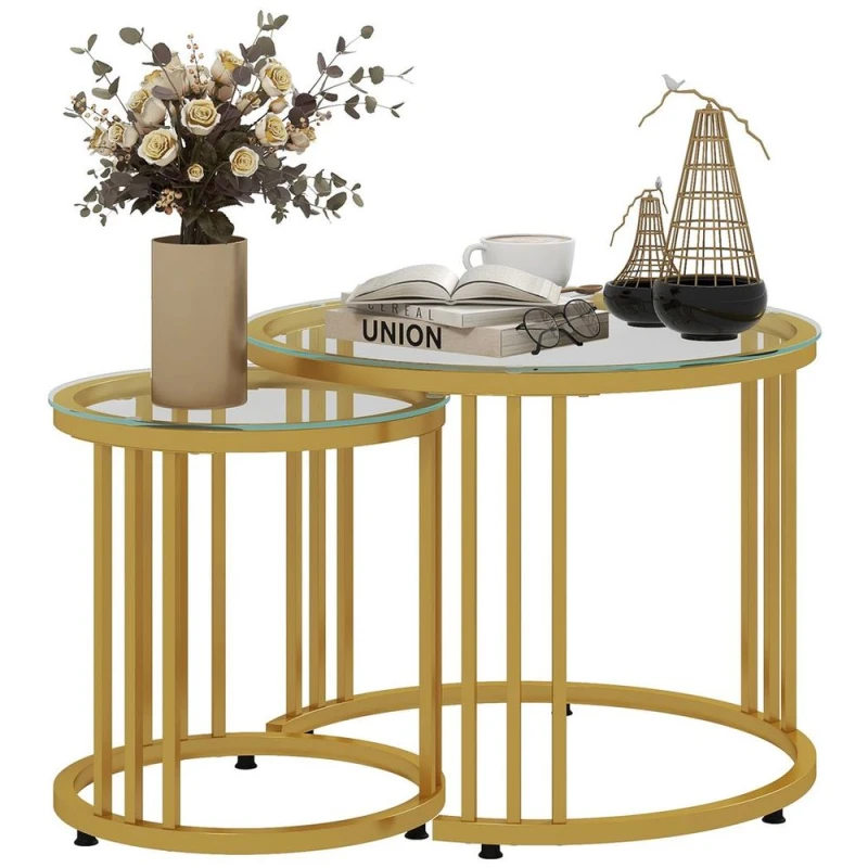 Image of HOMCOM Nest of Tables - Round Coffee Tables Set of 2 with Tempered Glass Top and Steel Frame for Living Room - Gold Tone TJ Hughes 5056725345488