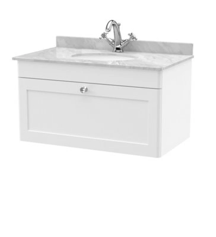 Image of nuie 800mm Wall Hung 1 Drawer Vanity & Marble Top 1TH - Satin White CLC196GR1