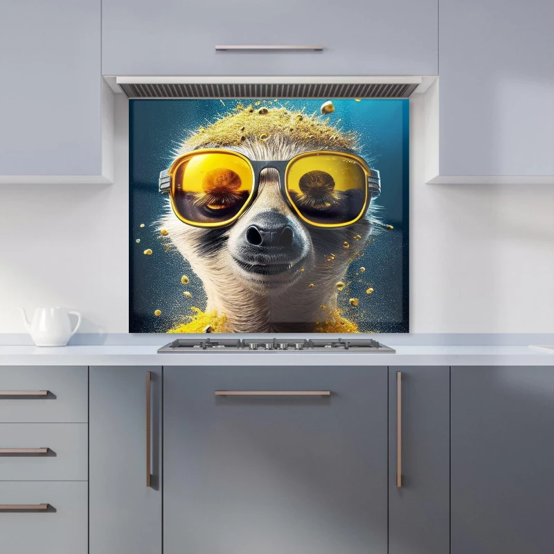 Image of Warren Reed - Designer Meerkat With Golden Glasses Splashart Kitchen Splashback in Yellow Size: 700mm x 750mm Yellow Unisex 700mm x 750mm