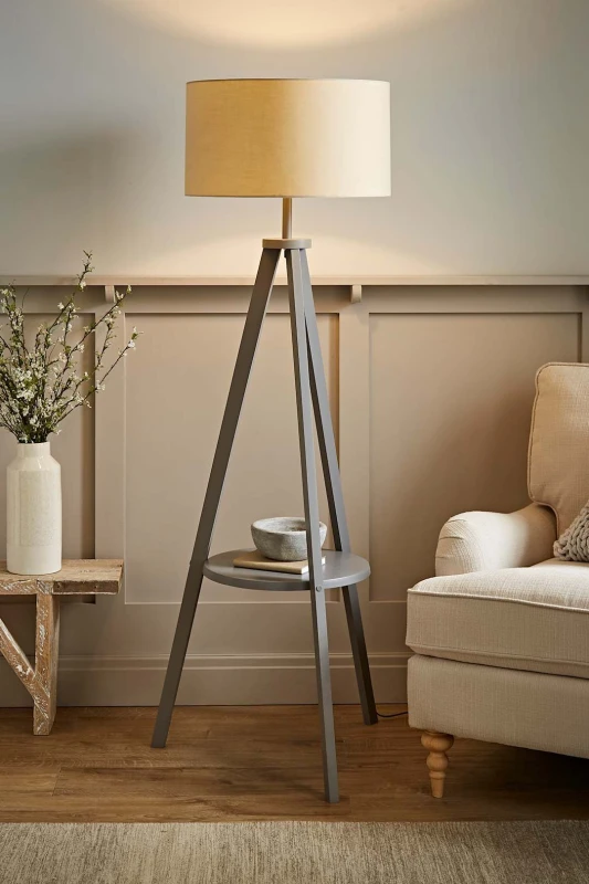 Image of ValueLights Morrigan Grey Wood Tripod Floor Lamp With Fabric Drum Lamp Shade Natural