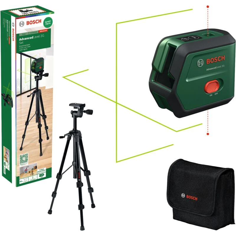 Image of Bosch ADVANCEDLEVEL 2G Cross Line Green Laser Level and Tripod Set ADVANCEDLEVEL 2G SET