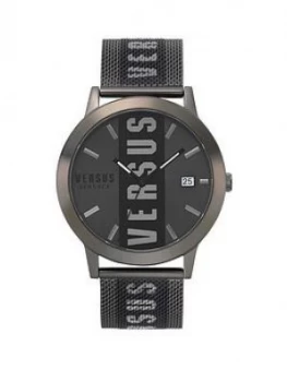 Image of Versus Versace Grey Sunray Date Dial Gunmetal Grey Logo Stainless Steel Mesh Strap Watch