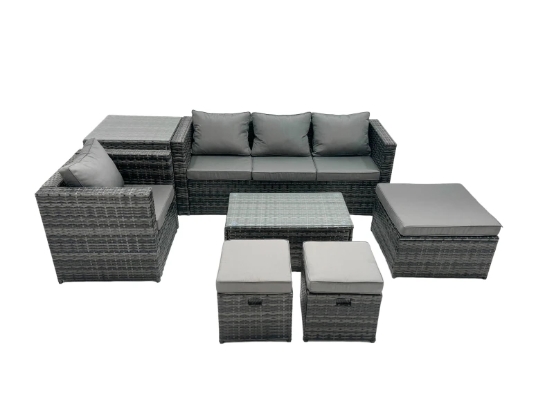 Image of Fimous Outdoor Coffee Table Sofa Set with Side Table Stool 2 Small Footstools in Dark Grey Dark Grey Unisex