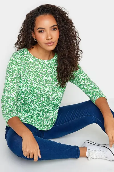 Image of M&Co Abstract Print Crew Neck Top Green