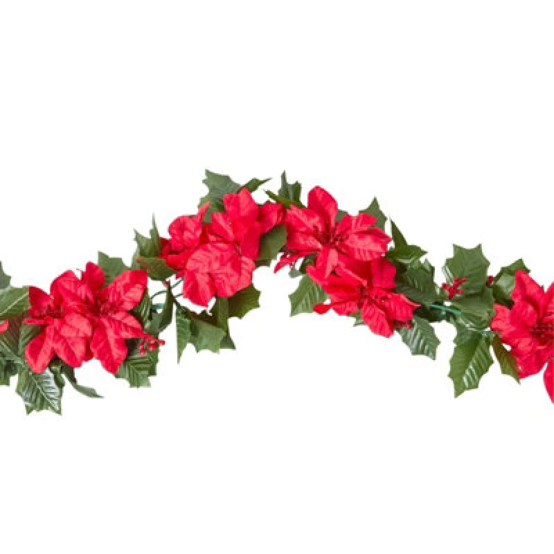 Image of Homescapes Artificial Red Poinsettia Berry Garland, 175cm Red