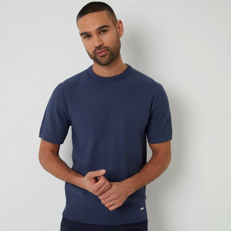 Image of Threadbare Textured Front Knitted T-Shirt Blue