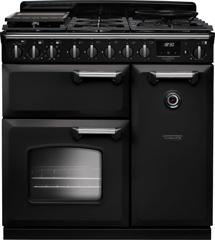 Image of Rangemaster Classic Deluxe CLDL90DFPCBL/CM1 90cm wide Dual Fuel Range Cooker with Gas Hob - Charcoal Black / Chrome - A Rated