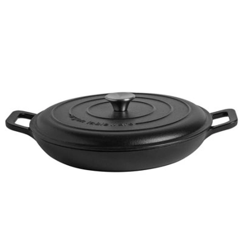 Image of Argon Tableware Shallow Cast Iron Casserole Dish - 2.3L Black Enamel Finish, Oven Safe Dutch Oven Cookware With Lid