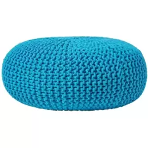Image of Teal Blue Large Round Cotton Knitted Pouffe Footstool - Teal Blue - Homescapes