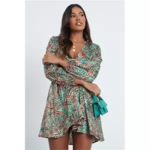 Image of I Saw It First Green Satin Tropical Leaf Print Puff Sleeve Skater Dress - Green