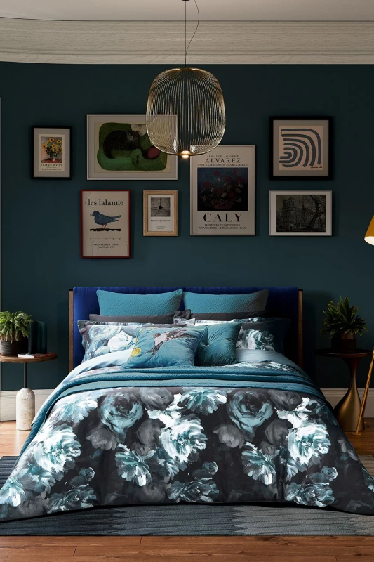 Image of Ted Baker Painted Blooms Duvet Set, Double, Teal & Black