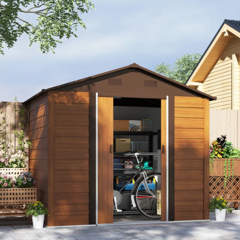 Image of Outsunny 7.7x6.4ft Garden Shed, Tool Storage Sliding Door Wood Effect, Brown 845-179V02BN