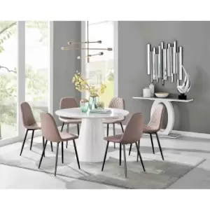 Image of Furniture Box Palma White High Gloss Round Dining Table and 6 Cappuccino Corona Black Leg Chairs