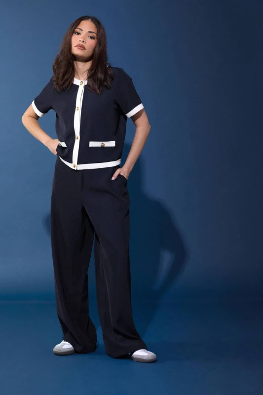 Image of PixieGirl Womens Petite Button Detail Wide Leg Trousers in Mid Navy Size: 8 Mid Navy Female 8