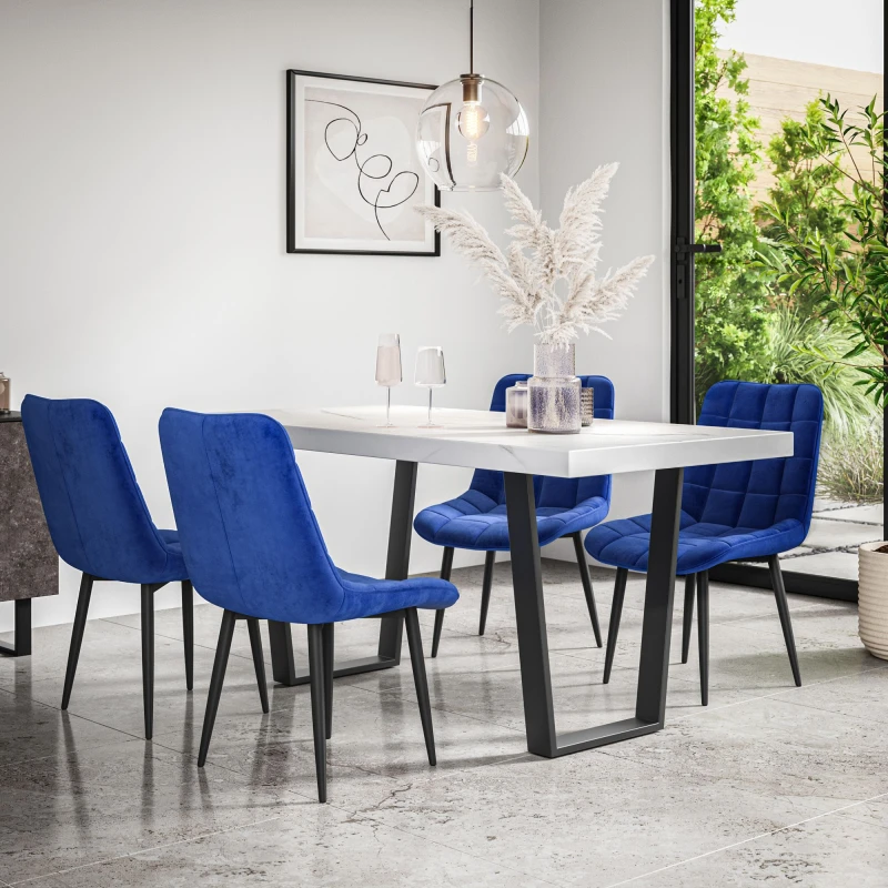 Image of More4Homes Aria Dining Table And Chairs - White Marble Effect Table Top W Black Legs + Nova Velvet Dining Chair Set Of 4 (Blue)
