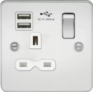 Image of KnightsBridge Flat plate 13A 1G switched socket with dual USB charger (2.4A) - polished chrome with white insert